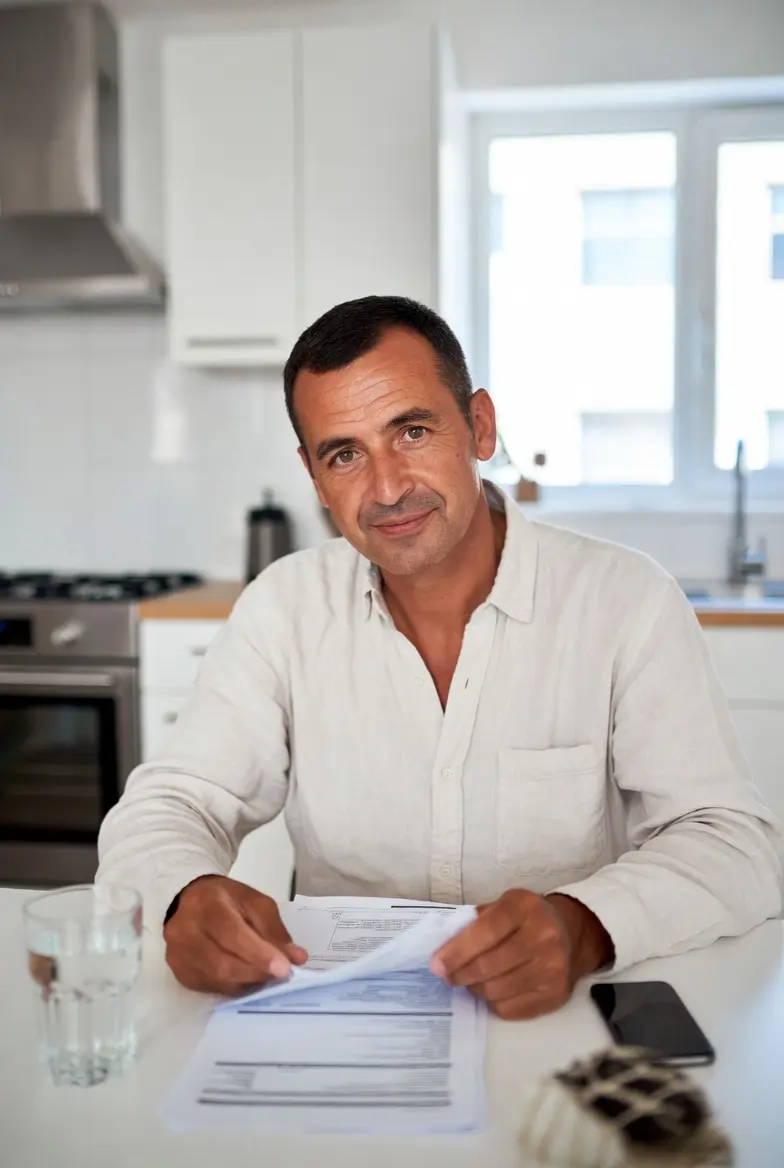 Friendly diverse man in his early 40s smiling at a kitchen table while reviewing printed insurance documents. Editorial photograph representing drivers aged 31-49.