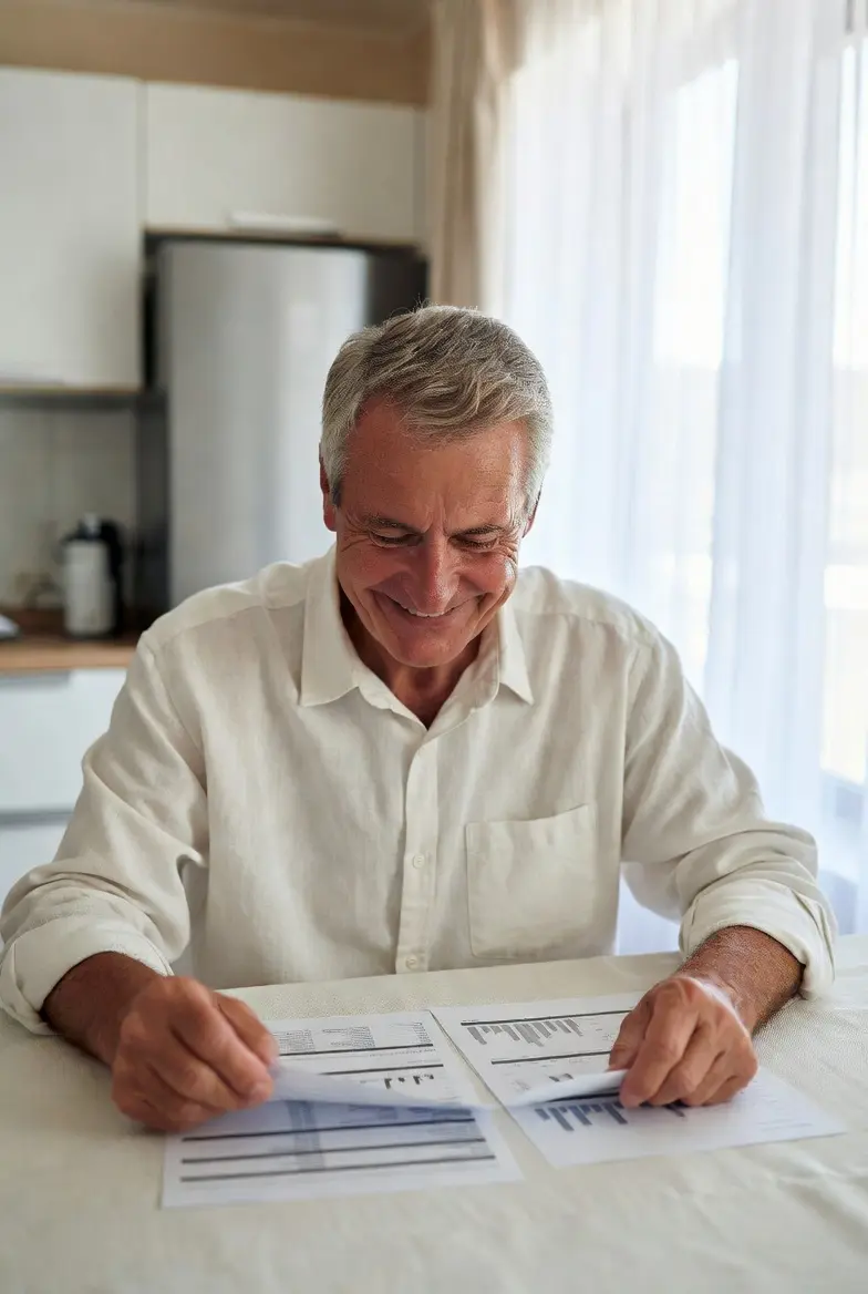 Friendly older man in his mid-60s smiling while reviewing insurance documents at a sunlit kitchen table. Editorial photograph representing drivers aged 60-69.