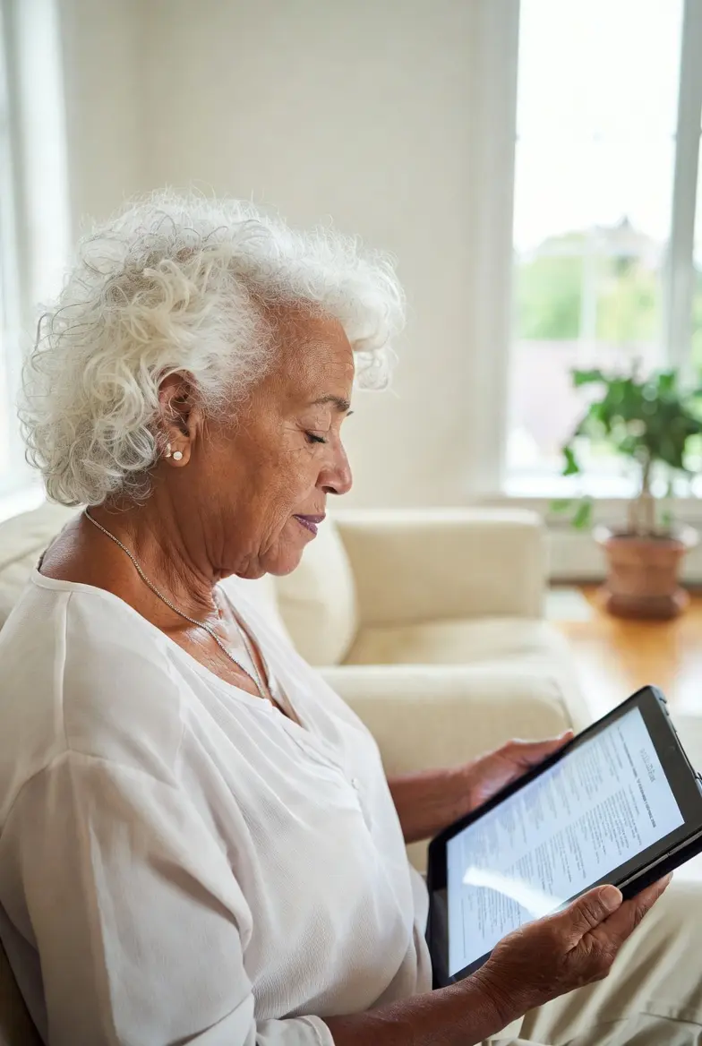 Wise confident older woman in her early 70s smiling gently while reviewing documents on a tablet in a bright modern living room. Editorial photograph representing drivers aged 70 and older.