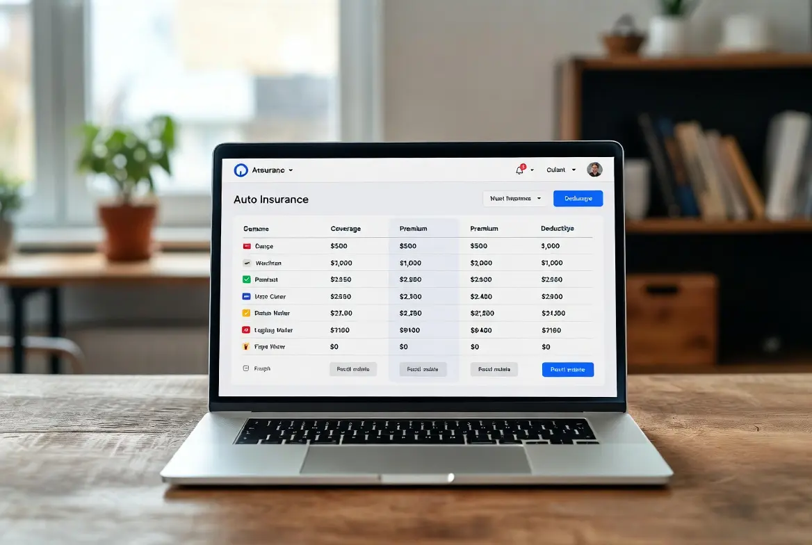 Modern laptop displaying a clean side-by-side auto insurance quote comparison interface with multiple provider columns showing premiums, deductibles, and coverage details in a bright home office setting. Editorial quality photograph.